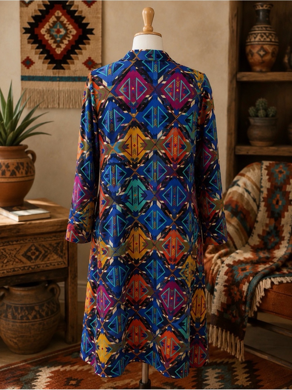 Boho Geometric Long Cardigan Sweater - Multicolorsize small